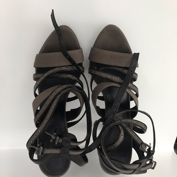 Jcrew Linen Army Green strapping heel with studs. - Picture 2 of 5